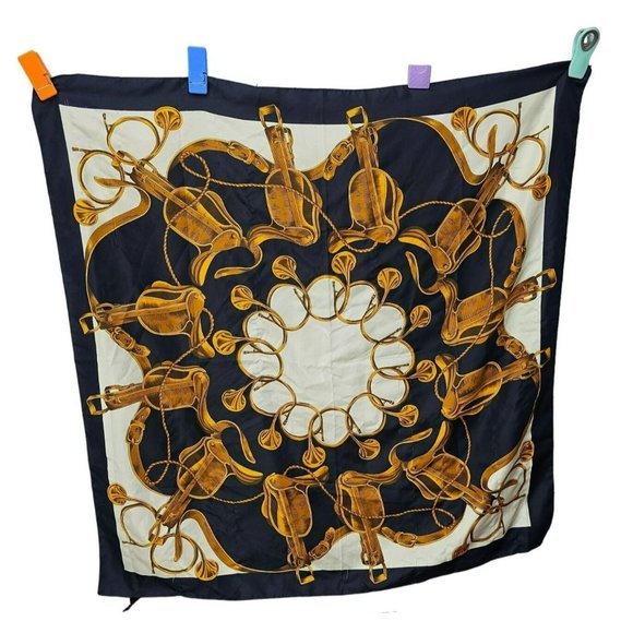 Italian Specialty House Square Polyester Navy Blue White Horse Saddle Gold Scarf - Picture 1 of 10